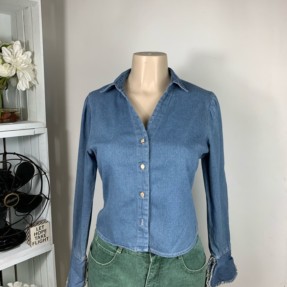Womens Light Blue Button-Down Denim Shirt